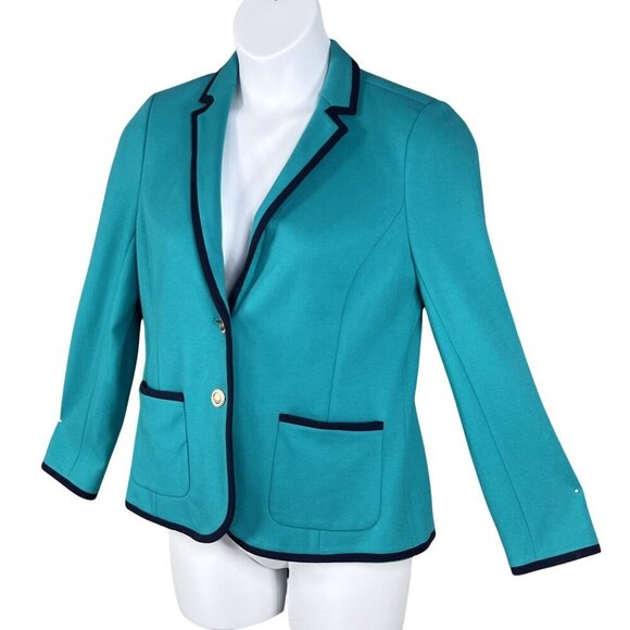 Talbots Aberdeen Womens 10 Teal Blazer Navy Trim Gold Crest Buttons Yacht Jacket - Picture 11 of 16